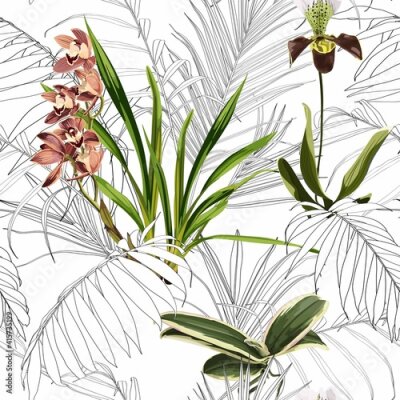 Papier peint  Tropical plants, exotic orchid flowers and leaves. Seamless tropical pattern, vintage background. Backdrop with palm  line leaves and flowers.