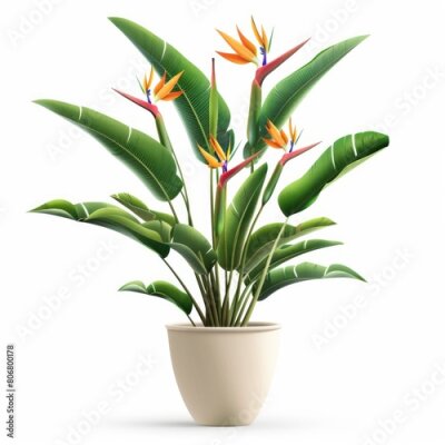 Papier peint  Tropical Plants on White. Beautiful 3D Botanical Background with Strelitzia in a Pot