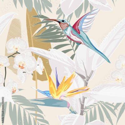 Papier peint  Tropical plants, strelitzia and Colibri bird. Seamless tropical pattern, vintage background. Backdrop with palm bananas leaves, bird and flowers.