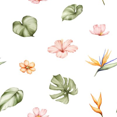 Papier peint  Tropical plants watercolor seamless pattern. Monstera, strelitzia, hibiscus flowers and jungle leaves background. Botanical texture for fabric, textile, wallpaper.