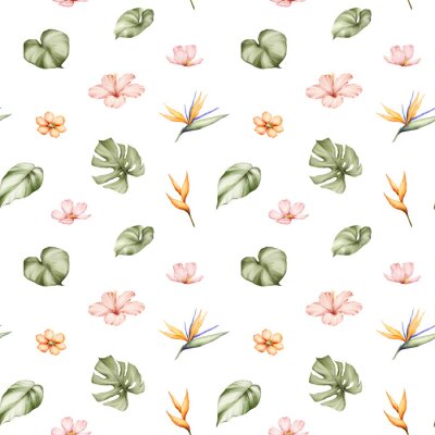 Papier peint  Tropical plants watercolor seamless pattern. Monstera, strelitzia, hibiscus flowers and jungle leaves background. Botanical texture for fabric, textile, wallpaper.