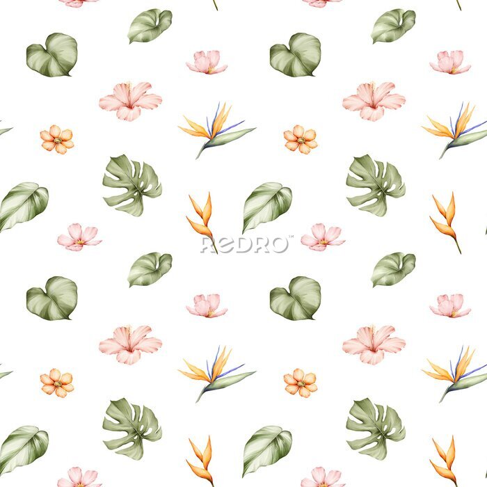 Papier peint  Tropical plants watercolor seamless pattern. Monstera, strelitzia, hibiscus flowers and jungle leaves background. Botanical texture for fabric, textile, wallpaper.
