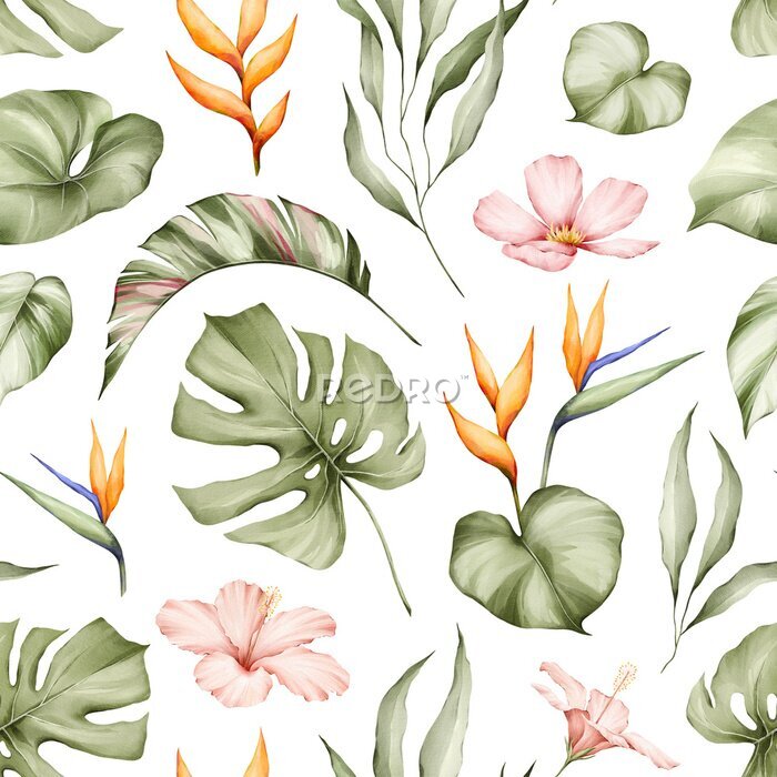 Papier peint  Tropical plants watercolor seamless pattern. Monstera, strelitzia, hibiscus flowers and jungle leaves background. Botanical texture for fabric, textile, wallpaper.