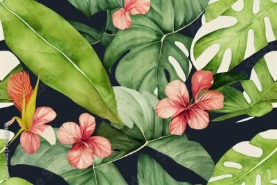Papier peint  Tropical plants watercolor seamless pattern. Monstera, strelitzia, hibiscus flowers and jungle leaves background. Botanical texture for fabric, textile, wallpaper. Generative AI