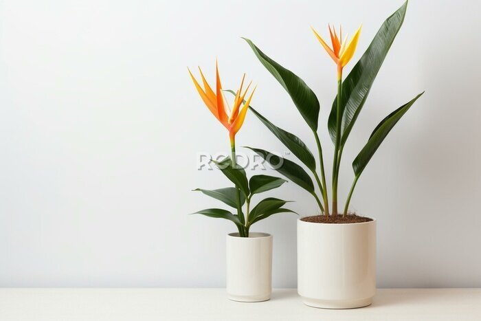 Papier peint  tropical potted plants with strelitzia flowers on a white backdrop. Generative AI