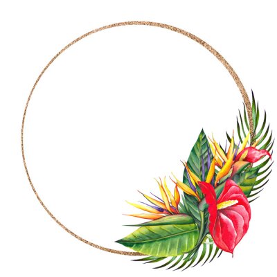 Papier peint  Tropical round frame with red lily, strelitzia flowers and palm leaves. Watercolor illustration on white background.