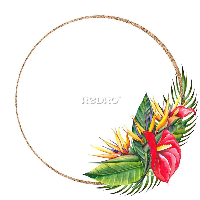 Papier peint  Tropical round frame with red lily, strelitzia flowers and palm leaves. Watercolor illustration on white background.