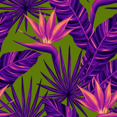 Papier peint  Tropical seamless pattern. Colorful vivid print with beautiful palm jungle leaves and strelitzia flowers. Repeated luxury design for packaging, cosmetic, fashion, textile, wallpaper.