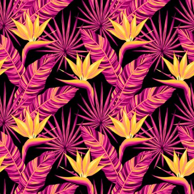 Papier peint  Tropical seamless pattern. Colorful vivid print with beautiful palm jungle leaves and strelitzia flowers. Repeated luxury design for packaging, cosmetic, fashion, textile, wallpaper.