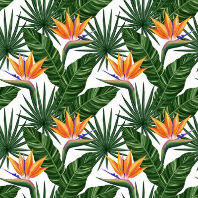 Papier peint  Tropical seamless pattern. Colorful vivid print with beautiful palm jungle leaves and strelitzia flowers. Repeated luxury design for packaging, cosmetic, fashion, textile, wallpaper.