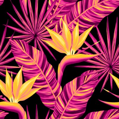 Papier peint  Tropical seamless pattern. Colorful vivid print with beautiful palm jungle leaves and strelitzia flowers. Repeated luxury design for packaging, cosmetic, fashion, textile, wallpaper.
