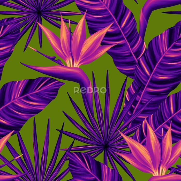 Papier peint  Tropical seamless pattern. Colorful vivid print with beautiful palm jungle leaves and strelitzia flowers. Repeated luxury design for packaging, cosmetic, fashion, textile, wallpaper.