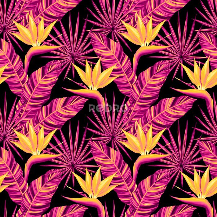 Papier peint  Tropical seamless pattern. Colorful vivid print with beautiful palm jungle leaves and strelitzia flowers. Repeated luxury design for packaging, cosmetic, fashion, textile, wallpaper.