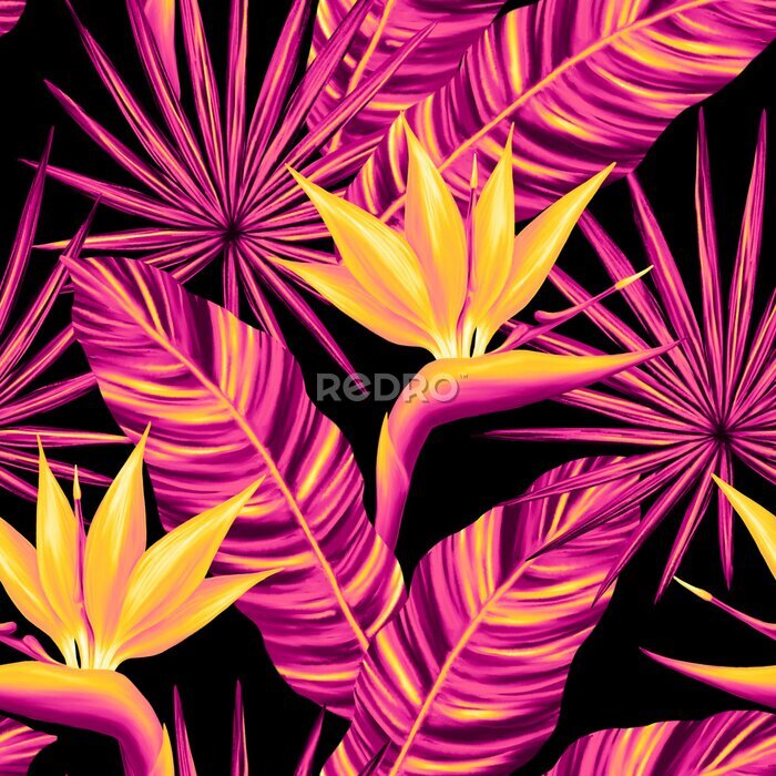 Papier peint  Tropical seamless pattern. Colorful vivid print with beautiful palm jungle leaves and strelitzia flowers. Repeated luxury design for packaging, cosmetic, fashion, textile, wallpaper.