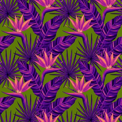 Papier peint  Tropical seamless pattern. Colorful vivid print with beautiful palm jungle leaves and strelitzia flowes. Repeated luxury design for packaging, cosmetic, fashion, textile, wallpaper.