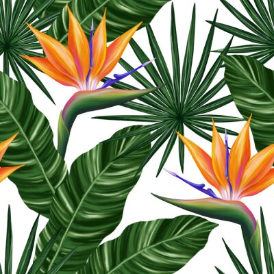 Papier peint  Tropical seamless pattern. Colorful vivid print with beautiful palm jungle leaves and strelitzia flowes. Repeated luxury design for packaging, cosmetic, fashion, textile, wallpaper.