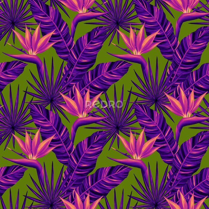 Papier peint  Tropical seamless pattern. Colorful vivid print with beautiful palm jungle leaves and strelitzia flowes. Repeated luxury design for packaging, cosmetic, fashion, textile, wallpaper.