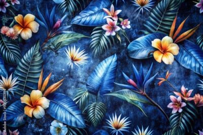 Papier peint  Tropical seamless pattern featuring exotic leaves, strelitzia flowers, hibiscus, and plumeria on a vintage texture floral background with dark watercolor 3D illustration.