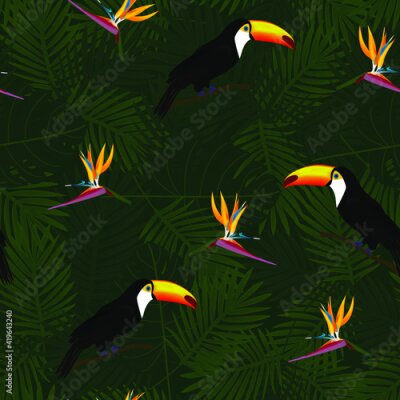 Papier peint  Tropical seamless pattern of flowers bird of Paradise (strelitzia) and parrots on background of palm leaves. Exotic illustration of wildlife.