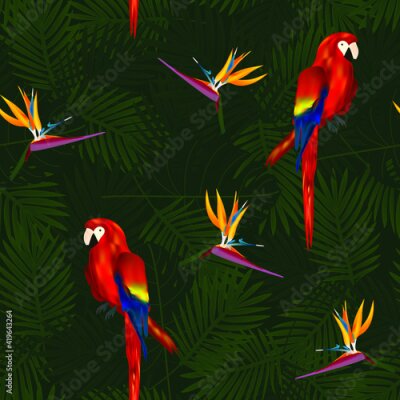 Papier peint  Tropical seamless pattern of flowers bird of Paradise (strelitzia) and parrots on background of palm leaves. Exotic illustration of wildlife.