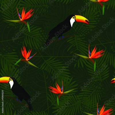 Papier peint  Tropical seamless pattern of flowers bird of Paradise (strelitzia) and parrots on background of palm leaves. Exotic illustration of wildlife.
