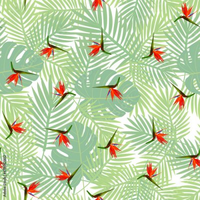 Papier peint  Tropical seamless pattern of flowers bird of Paradise (strelitzia) on the background of palm leaves. Exotic illustration of jungle plants.