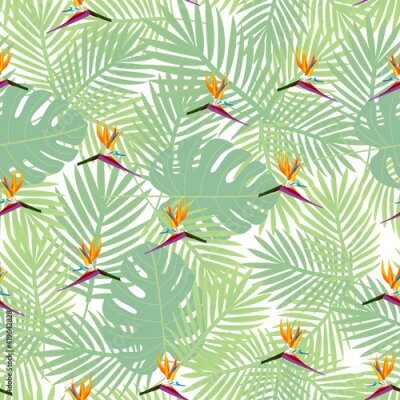 Papier peint  Tropical seamless pattern of flowers bird of Paradise (strelitzia) on the background of palm leaves. Exotic illustration of jungle plants.