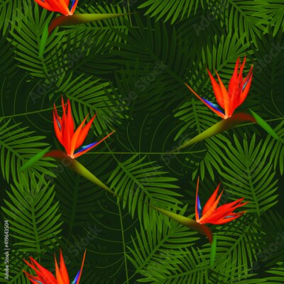 Papier peint  Tropical seamless pattern of flowers bird of Paradise (strelitzia) on the background of palm leaves. Exotic illustration of jungle plants.