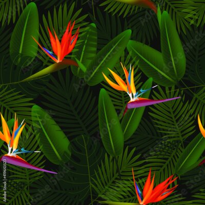 Papier peint  Tropical seamless pattern of flowers bird of Paradise (strelitzia) on the background of palm leaves. Exotic illustration of jungle plants.