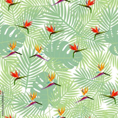 Papier peint  Tropical seamless pattern of flowers bird of Paradise (strelitzia) on the background of palm leaves. Exotic illustration of jungle plants.