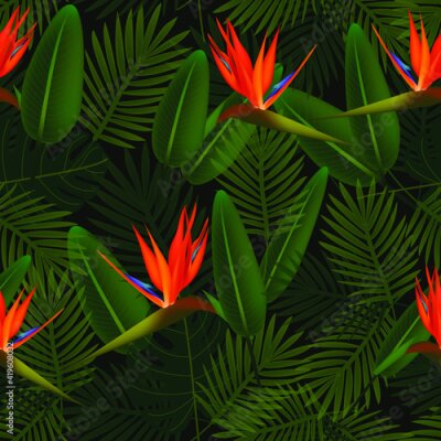 Papier peint  Tropical seamless pattern of flowers bird of Paradise (strelitzia) on the background of palm leaves. Exotic illustration of jungle plants.