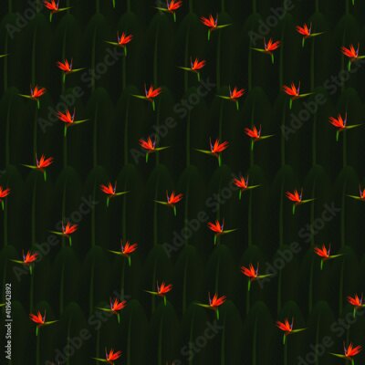 Papier peint  Tropical seamless pattern of flowers bird of Paradise (strelitzia) on the background of palm leaves. Exotic illustration of jungle plants.
