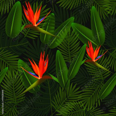 Papier peint  Tropical seamless pattern of flowers bird of Paradise (strelitzia) on the background of palm leaves. Exotic illustration of jungle plants.