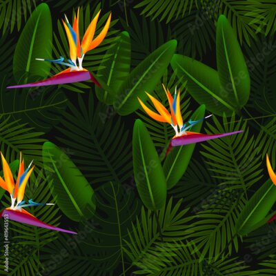 Papier peint  Tropical seamless pattern of flowers bird of Paradise (strelitzia) on the background of palm leaves. Exotic illustration of jungle plants.