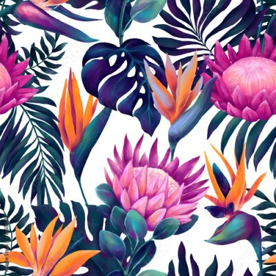 Papier peint  Tropical seamless pattern of watercolor vibrant protea and strelitzia flowers and deep blue palm leaves