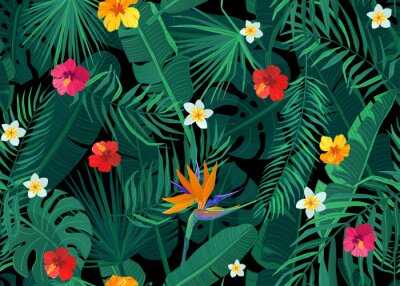 Papier peint  Tropical seamless pattern vector background with exotic palm, banana, monstera leaves and hibiscus, strelitzia, frangipani flowers on dark black backdrop