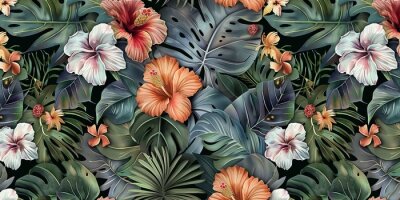 Papier peint  Tropical seamless pattern with exotic leaves, strelitzia flowers, hibiscus and plumeria. Vintage texture, floral background. Dark watercolor 3d illustration. For luxury wallpapers, Generative AI