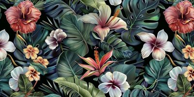 Papier peint  Tropical seamless pattern with exotic leaves, strelitzia flowers, hibiscus and plumeria. Vintage texture, floral background. Dark watercolor 3d illustration. For luxury wallpapers, Generative AI