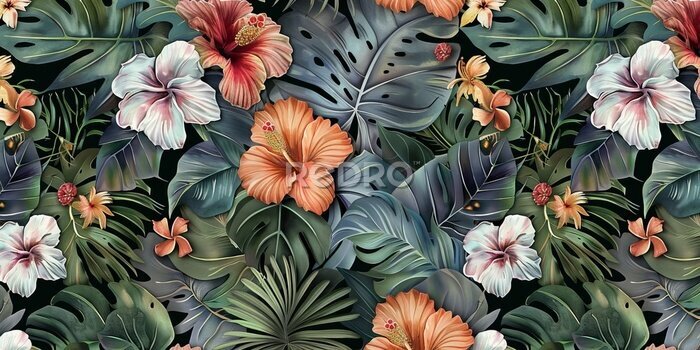 Papier peint  Tropical seamless pattern with exotic leaves, strelitzia flowers, hibiscus and plumeria. Vintage texture, floral background. Dark watercolor 3d illustration. For luxury wallpapers, Generative AI