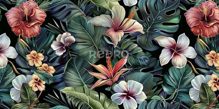 Papier peint  Tropical seamless pattern with exotic leaves, strelitzia flowers, hibiscus and plumeria. Vintage texture, floral background. Dark watercolor 3d illustration. For luxury wallpapers, Generative AI