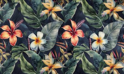 Papier peint  tropical seamless pattern with exotic leaves strelitzia flowers hibiscus and plumeria vintage texture floral background dark watercolor 3d illustration for luxury wallpapers tapestry, Generative AI