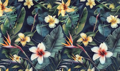 Papier peint  tropical seamless pattern with exotic leaves strelitzia flowers hibiscus and plumeria vintage texture floral background dark watercolor 3d illustration for luxury wallpapers tapestry, Generative AI