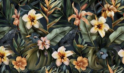 Papier peint  tropical seamless pattern with exotic leaves strelitzia flowers hibiscus and plumeria vintage texture floral background dark watercolor 3d illustration for luxury wallpapers tapestry, Generative AI