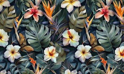 Papier peint  tropical seamless pattern with exotic leaves strelitzia flowers hibiscus and plumeria vintage texture floral background dark watercolor 3d illustration for luxury wallpapers tapestry, Generative AI