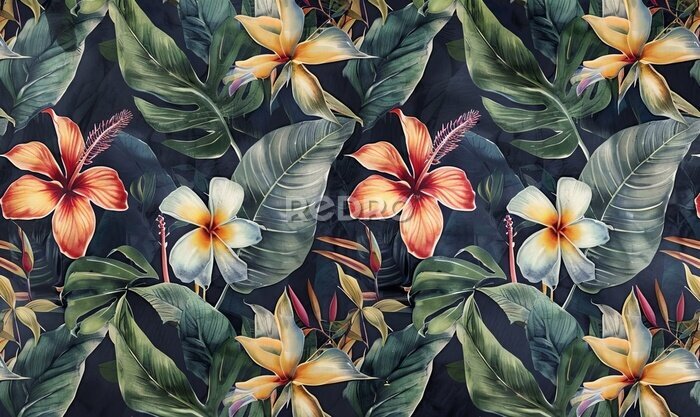 Papier peint  tropical seamless pattern with exotic leaves strelitzia flowers hibiscus and plumeria vintage texture floral background dark watercolor 3d illustration for luxury wallpapers tapestry, Generative AI