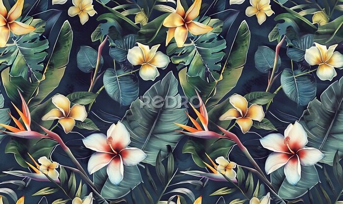 Papier peint  tropical seamless pattern with exotic leaves strelitzia flowers hibiscus and plumeria vintage texture floral background dark watercolor 3d illustration for luxury wallpapers tapestry, Generative AI