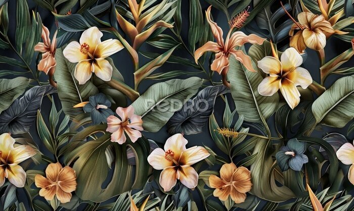 Papier peint  tropical seamless pattern with exotic leaves strelitzia flowers hibiscus and plumeria vintage texture floral background dark watercolor 3d illustration for luxury wallpapers tapestry, Generative AI