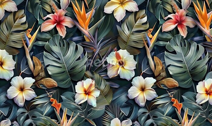 Papier peint  tropical seamless pattern with exotic leaves strelitzia flowers hibiscus and plumeria vintage texture floral background dark watercolor 3d illustration for luxury wallpapers tapestry, Generative AI