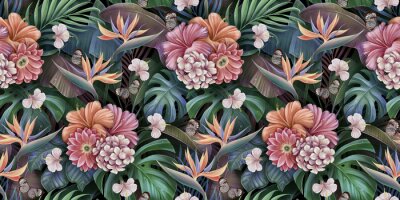 Papier peint  Tropical seamless pattern with exotic leaves, strelitzia flowers, hibiscus and plumeria. Vintage texture, floral background. Dark watercolor 3d illustration. For luxury wallpapers, tapestry, mural. 