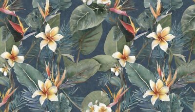 Papier peint  tropical seamless pattern with exotic leaves strelitzia flowers hibiscus and plumeria vintage texture floral background dark watercolor 3d illustration for luxury wallpapers tapestry mural